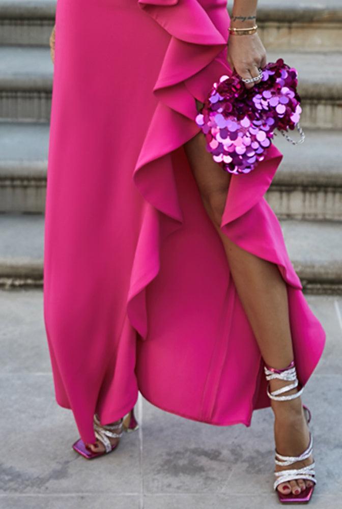 Solid Color Slit Dress With Ruffles In Shoulder